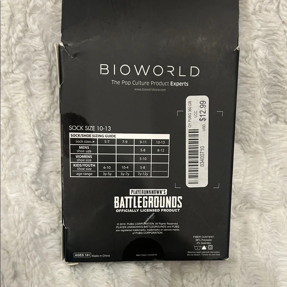 Spencer’s 1 pair of Bioworld PUBG character crew socks, size 10-13 new